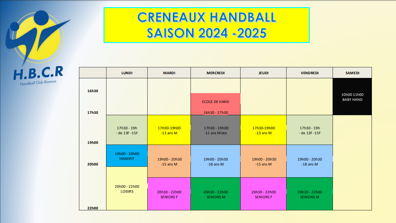 Créneaux entrainement 2024-2025